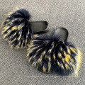 HSTX08 Venta al por mayor Fashion Lady Big Fluffy Natural Raccoon Fur Pantuflas Mujeres